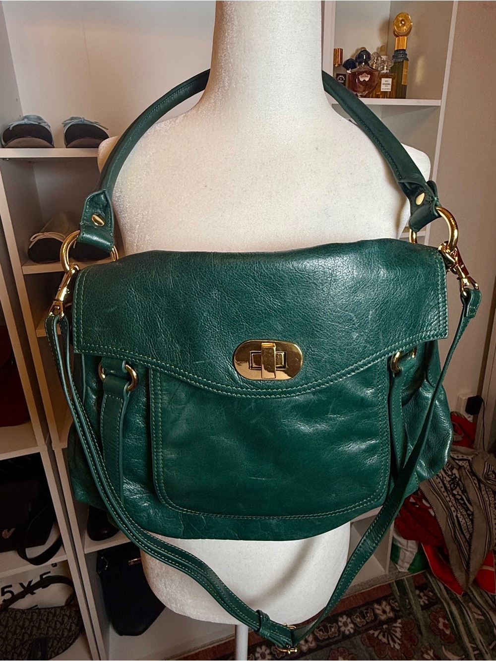Emerald Green Leather Shoulder Bag with Gold Hardware